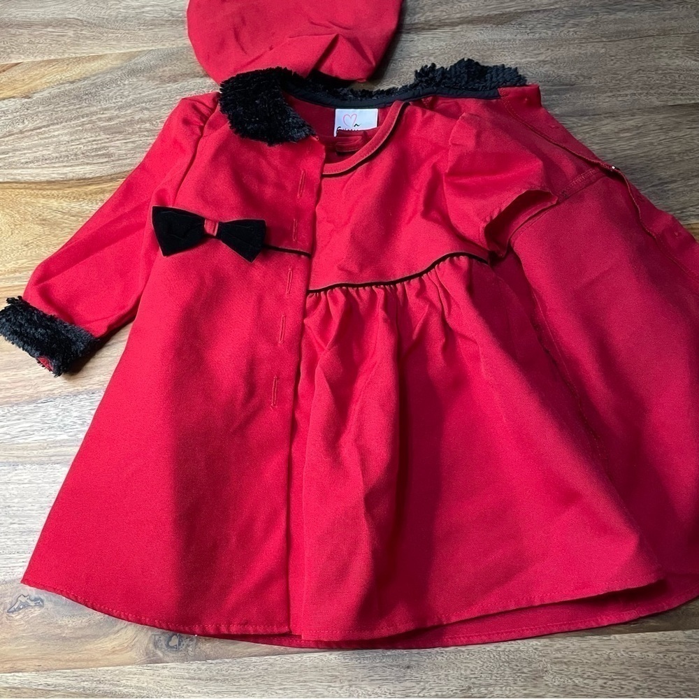 Expressions Three Piece‎ Red Dress Black Velvet Trim Jacket Matching Beret 2T
